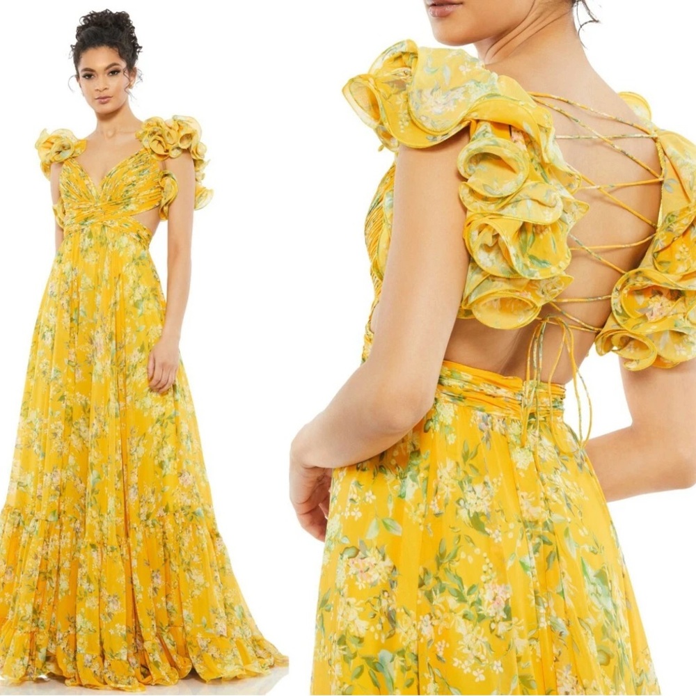 Mac Duggal Yellow Floral Maxi Dress